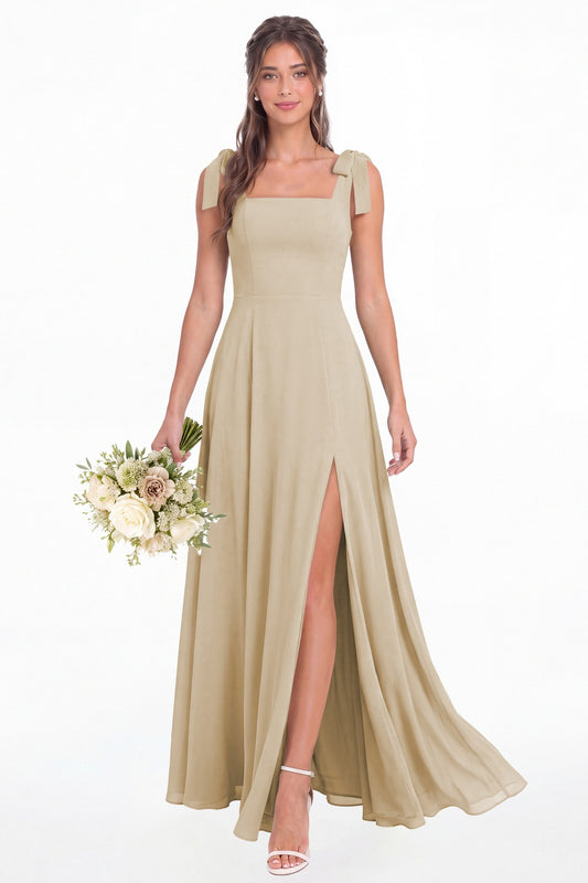 Champagne Square Neck Chiffon Bow Strap Maxi Bridesmaid Dress - Front View