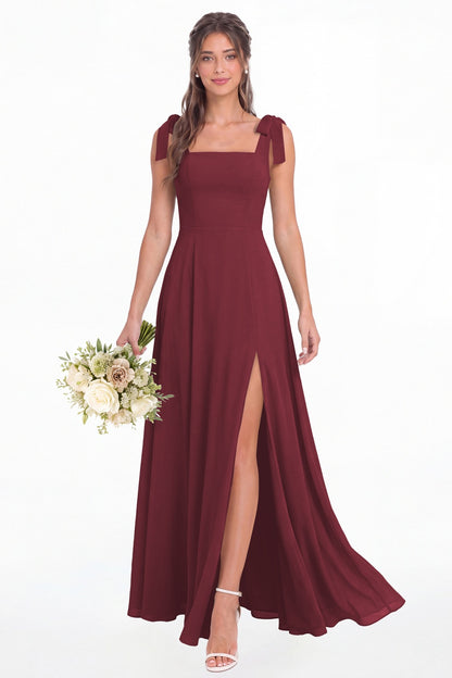 Desert Rose Square Neck Chiffon Bow Strap Maxi Bridesmaid Dress - Front View
