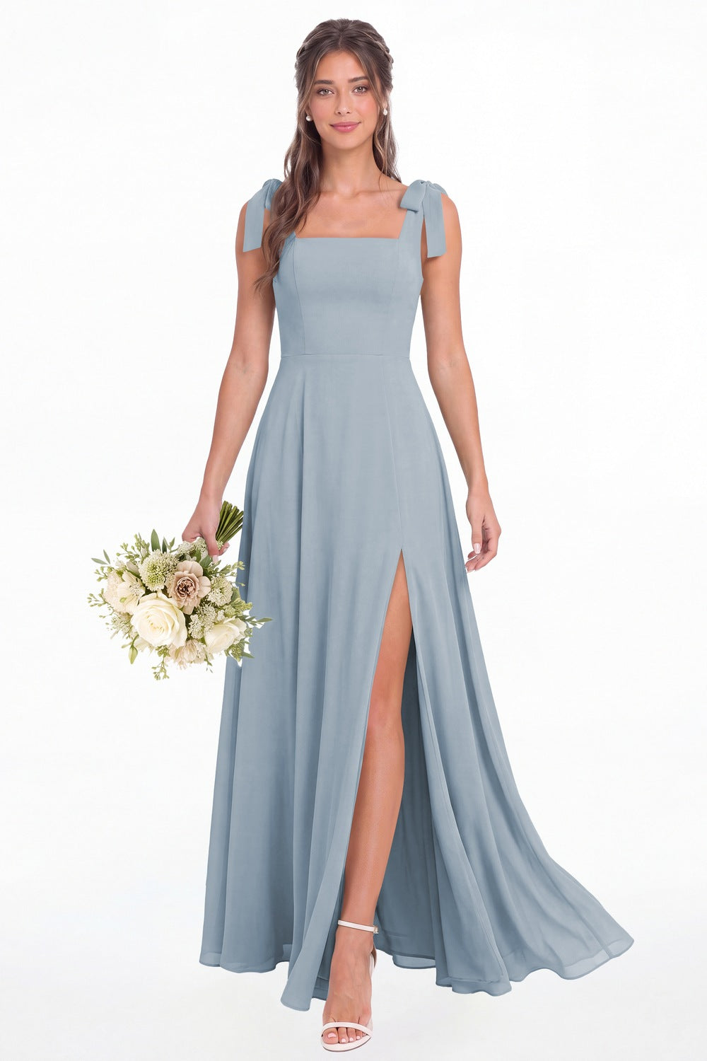 Dusty Blue Square Neck Chiffon Bow Strap Maxi Bridesmaid Dress - Front View