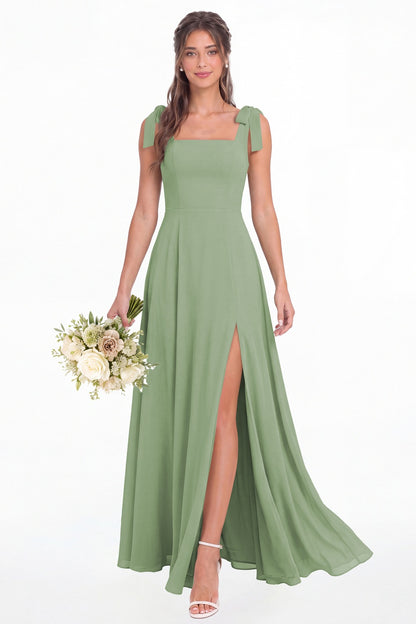 Dusty Sage Square Neck Chiffon Bow Strap Maxi Bridesmaid Dress - Front View