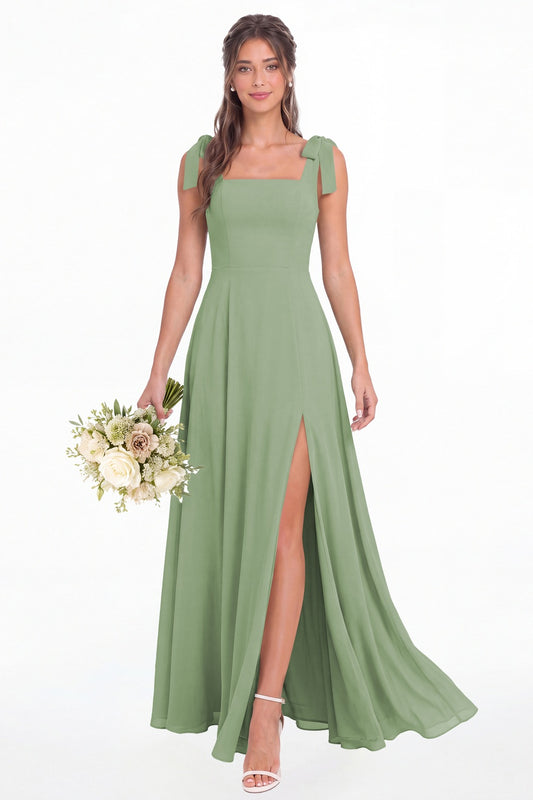 Dusty Sage Square Neck Chiffon Bow Strap Maxi Bridesmaid Dress - Front View