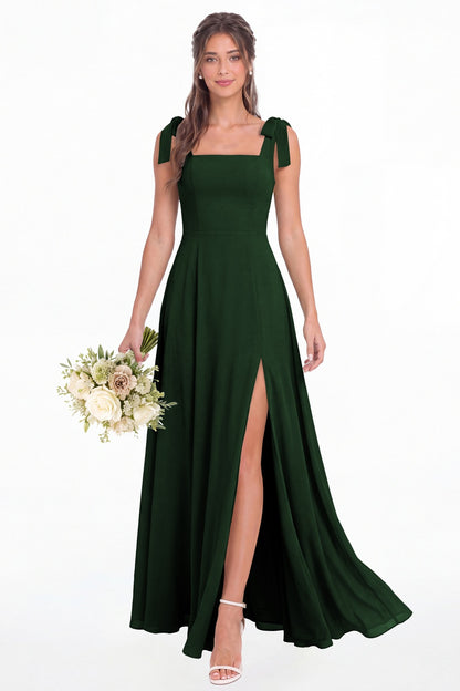 Emerald Green Square Neck Chiffon Bow Strap Maxi Bridesmaid Dress - Front View