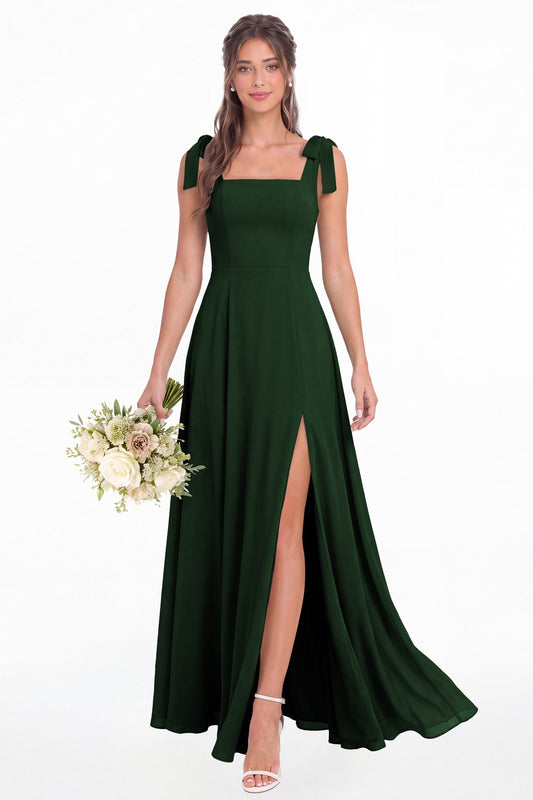 Emerald Green Square Neck Chiffon Bow Strap Maxi Bridesmaid Dress - Front View
