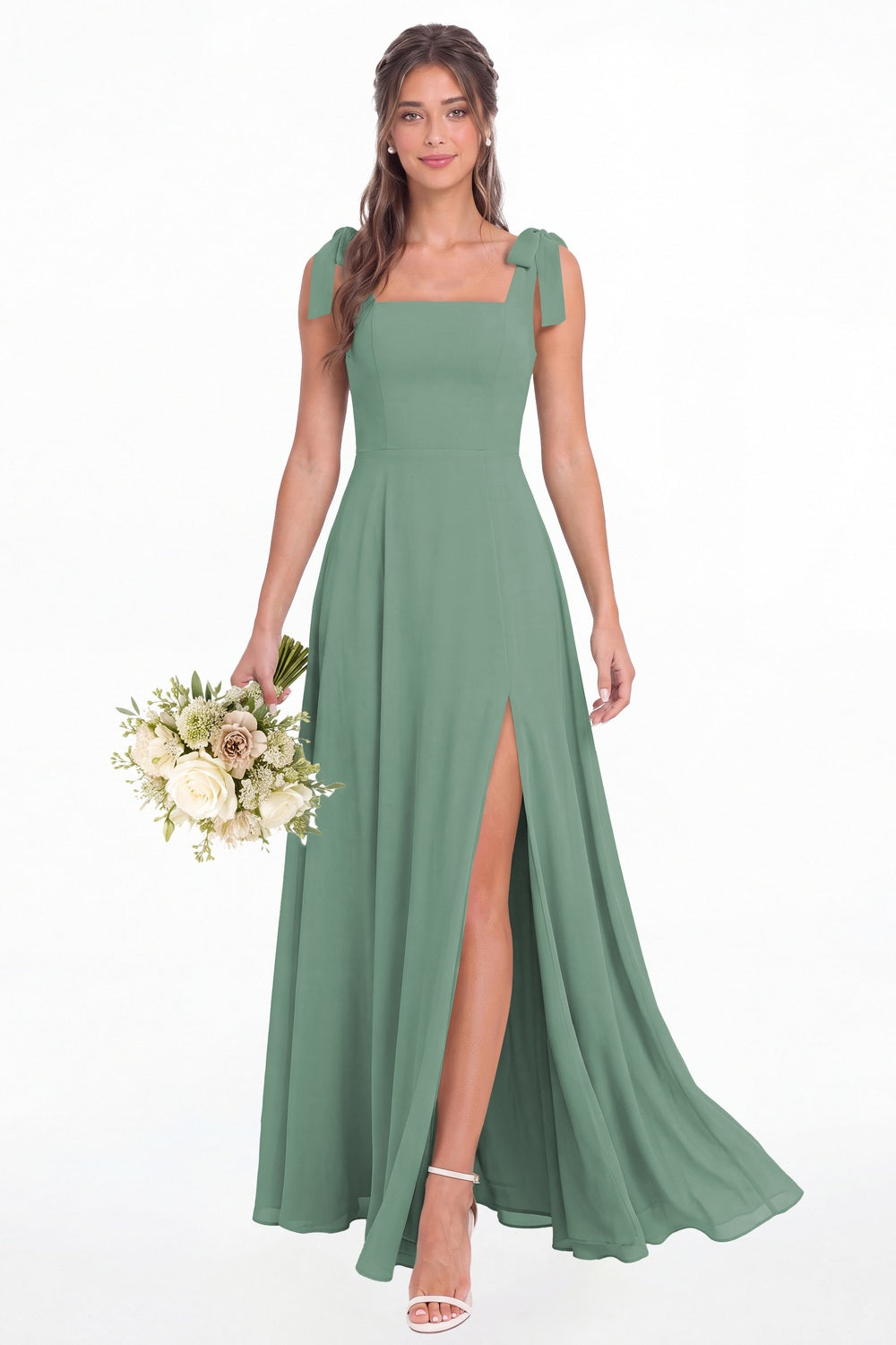 Eucalyptus Square Neck Chiffon Bow Strap Maxi Bridesmaid Dress - Front View
