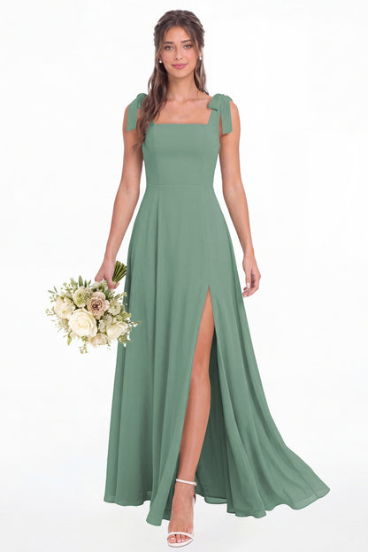 Eucalyptus Square Neck Chiffon Bow Strap Maxi Bridesmaid Dress - Front View
