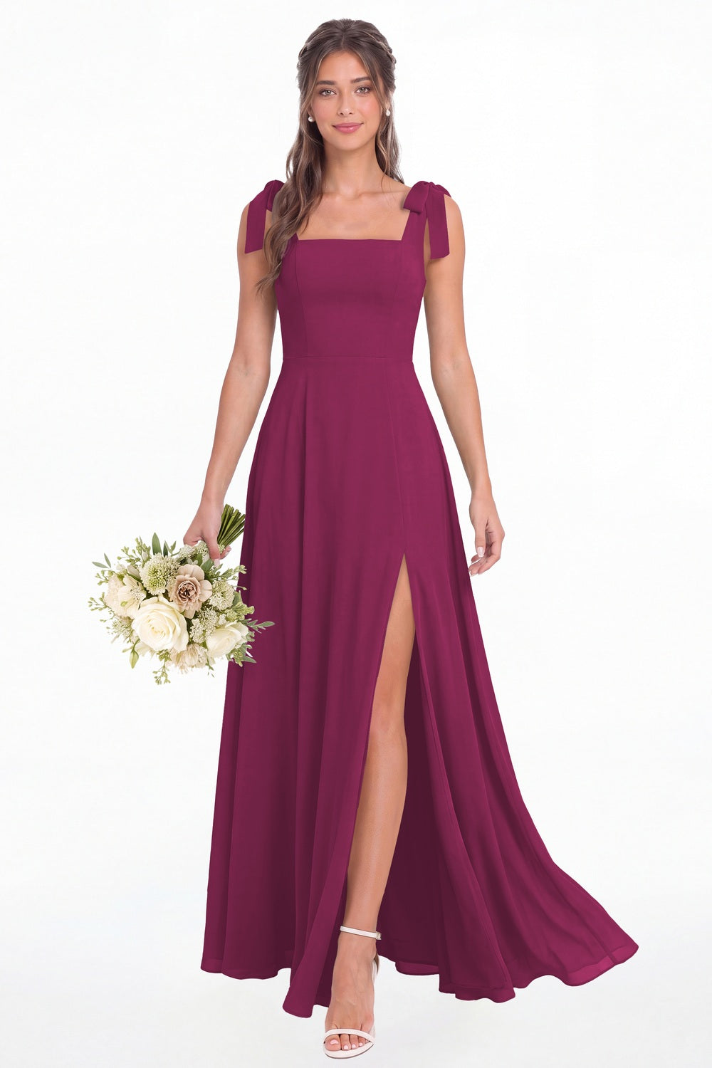 Fuchsia Square Neck Chiffon Bow Strap Maxi Bridesmaid Dress - Front View