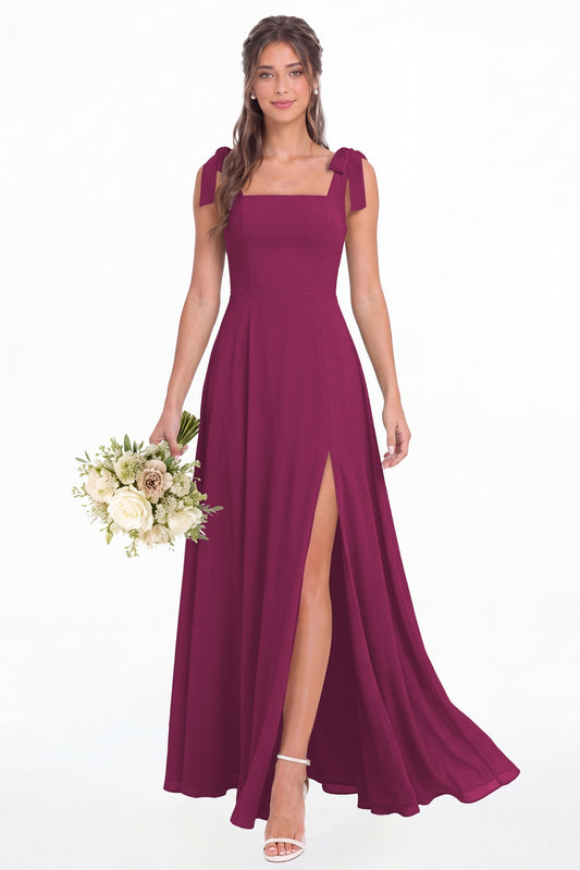Fuchsia Square Neck Chiffon Bow Strap Maxi Bridesmaid Dress - Front View