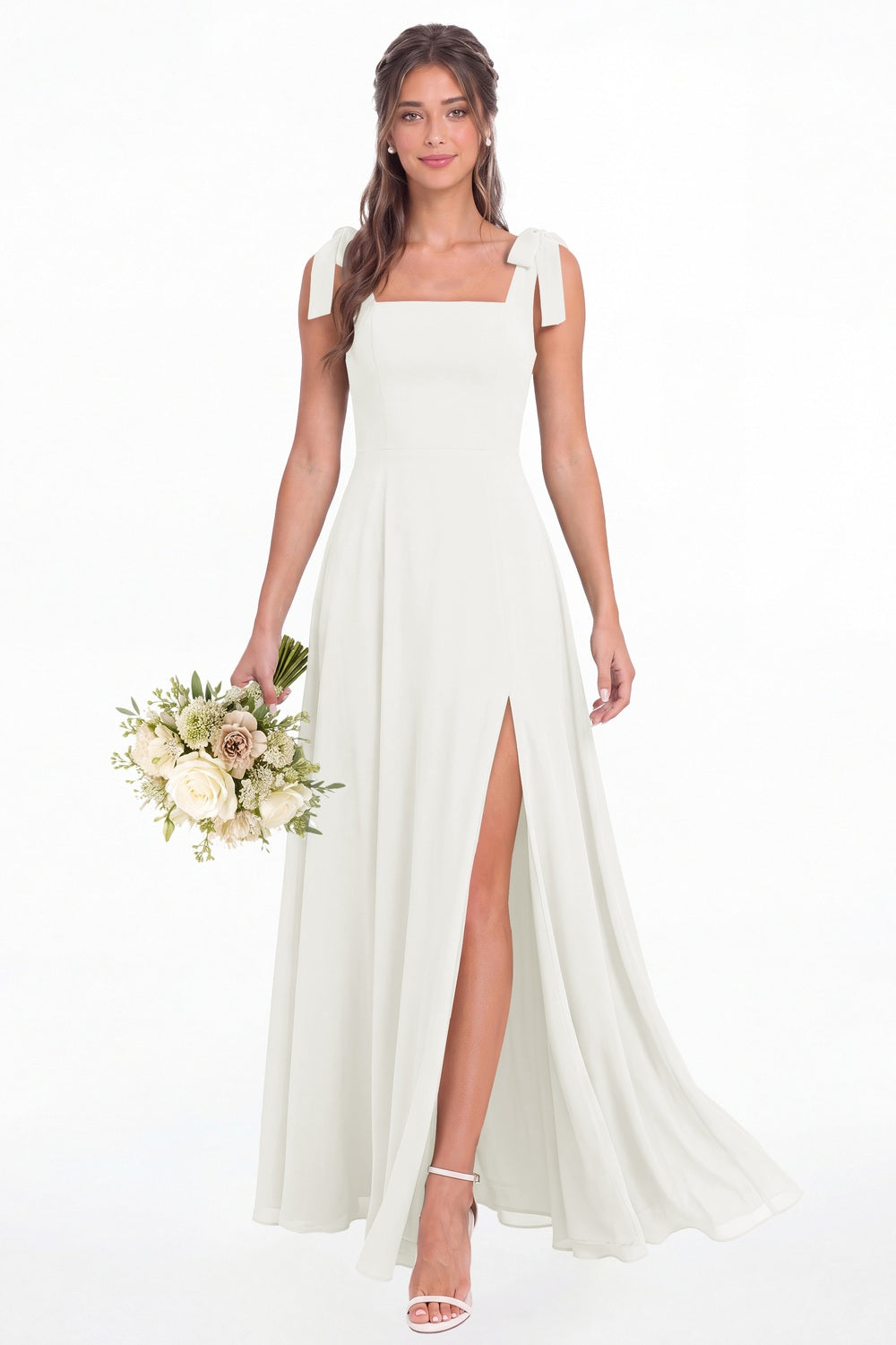 Ivory Square Neck Chiffon Bow Strap Maxi Bridesmaid Dress - Front View