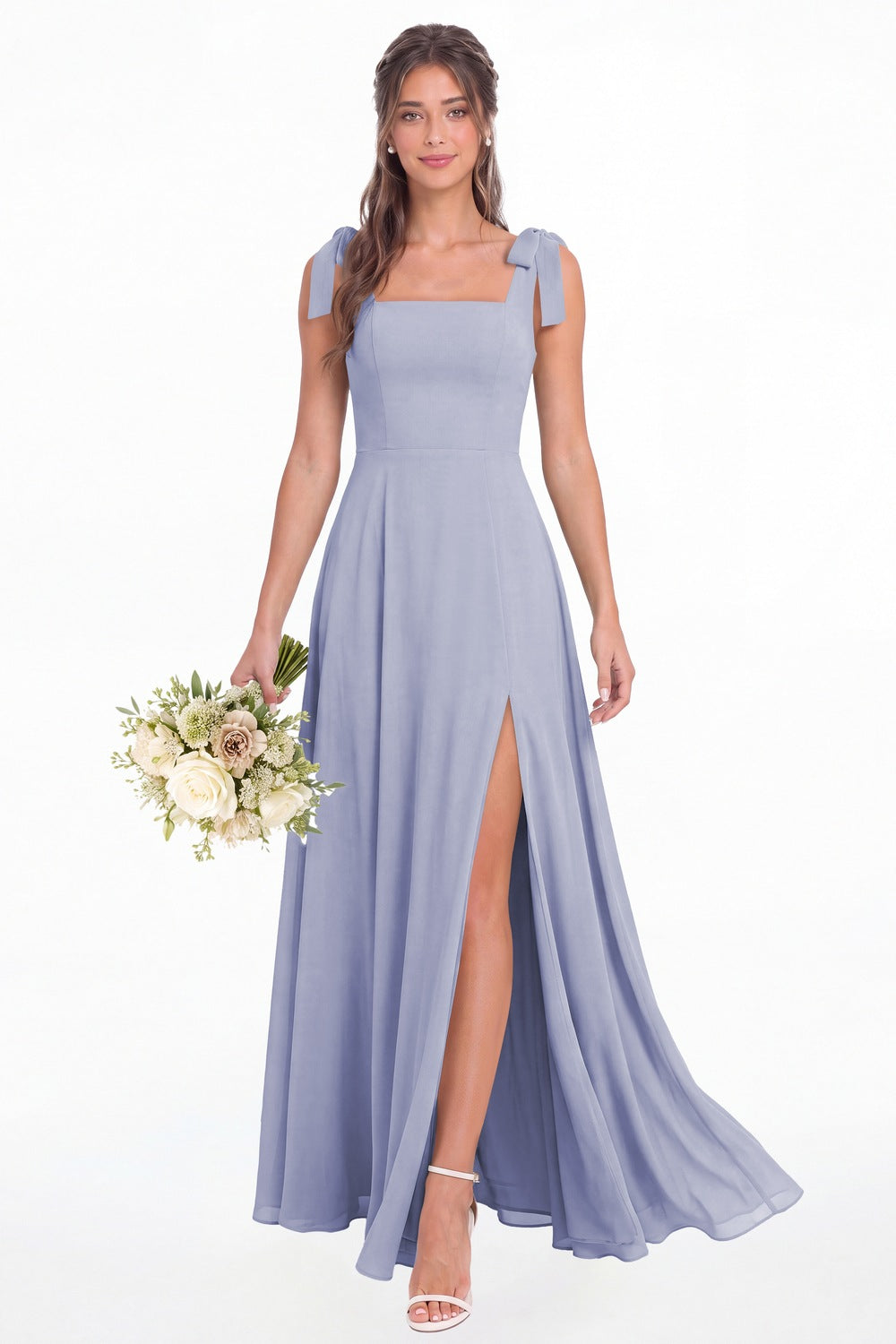Lavender Square Neck Chiffon Bow Strap Maxi Bridesmaid Dress - Front View