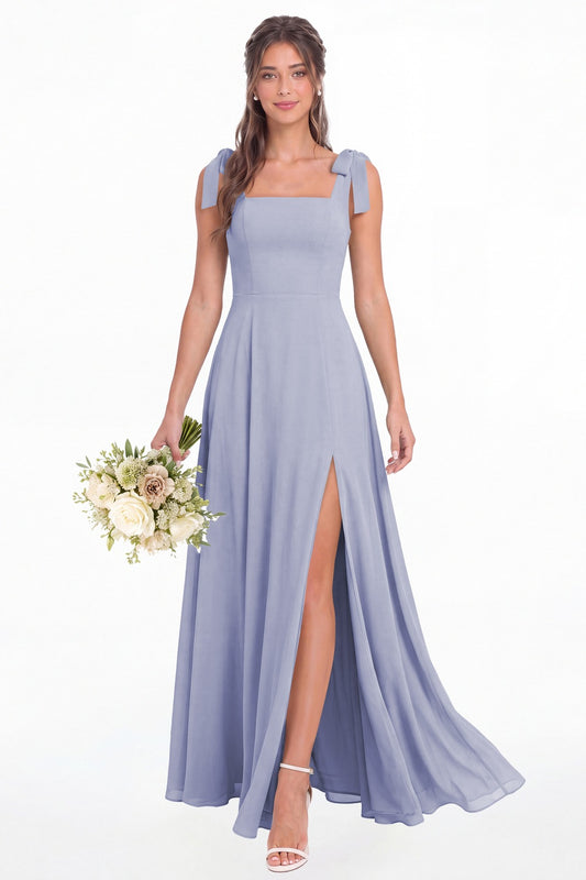 Lavender Square Neck Chiffon Bow Strap Maxi Bridesmaid Dress - Front View