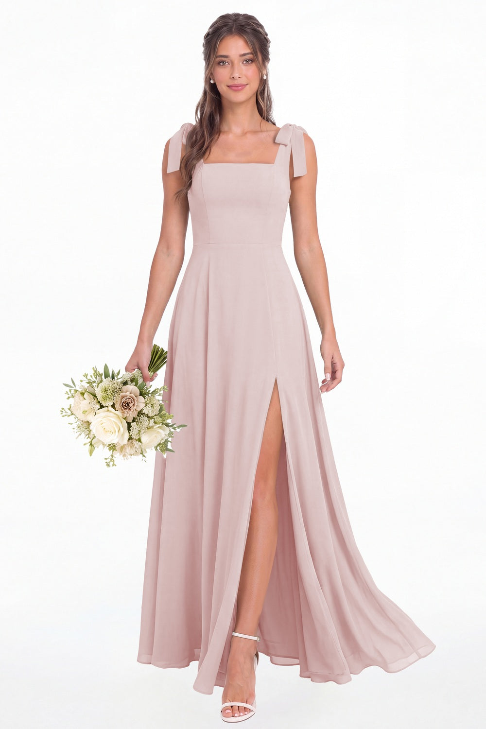 Light Pink Square Neck Chiffon Bow Strap Maxi Bridesmaid Dress - Front View