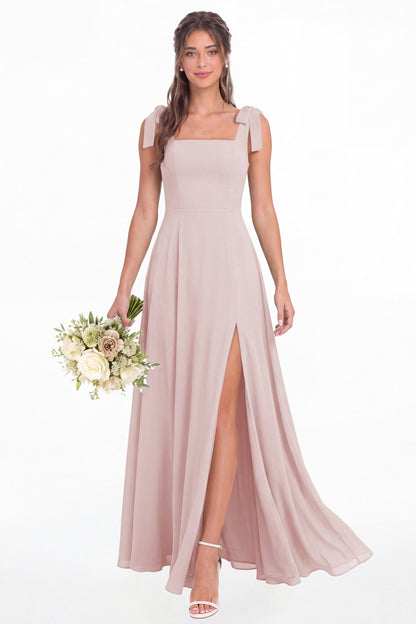 Light Pink Square Neck Chiffon Bow Strap Maxi Bridesmaid Dress - Front View