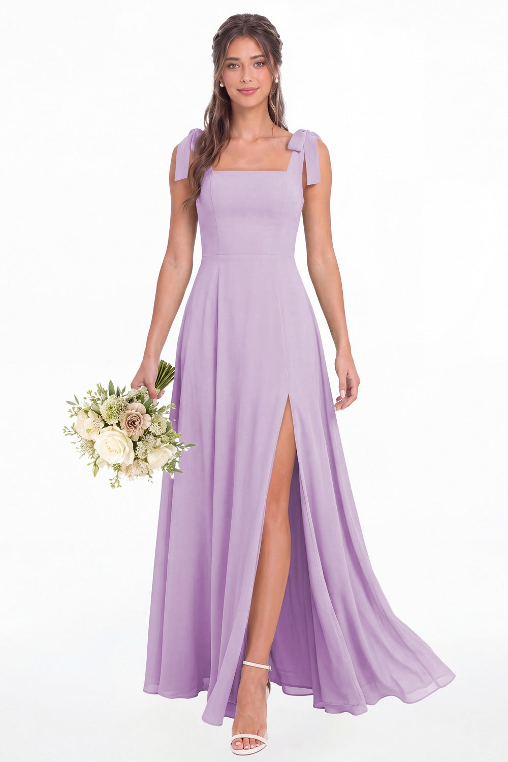 Lilac Square Neck Chiffon Bow Strap Maxi Bridesmaid Dress - Front View