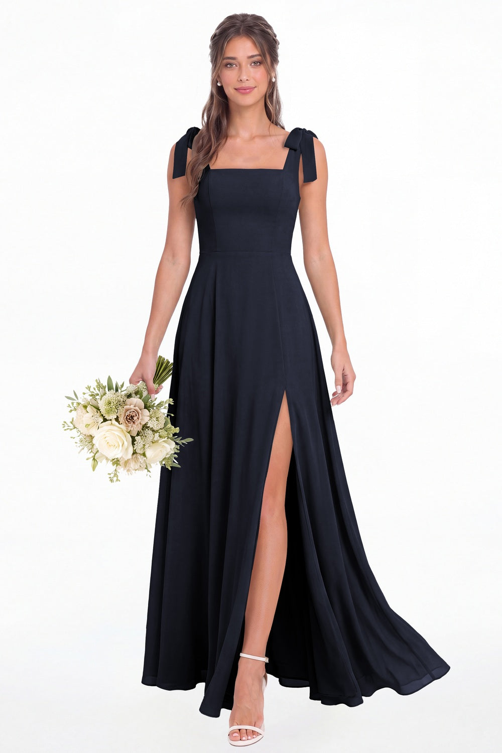 Navy Blue Square Neck Chiffon Bow Strap Maxi Bridesmaid Dress - Front View