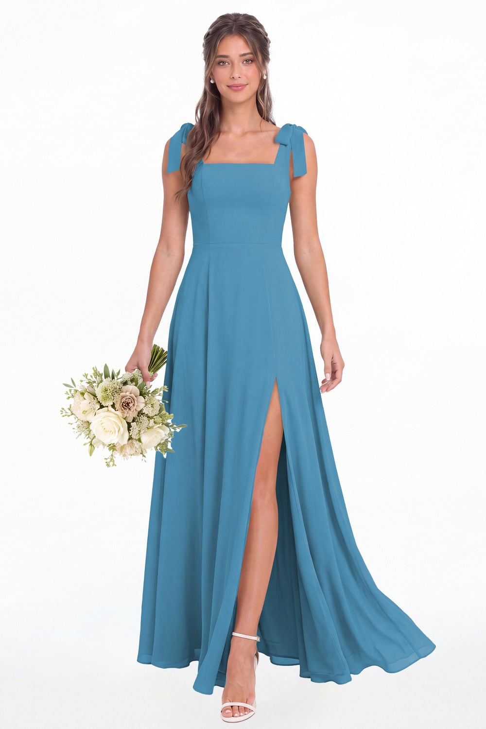 Ocean Blue Square Neck Chiffon Bow Strap Maxi Bridesmaid Dress - Front View