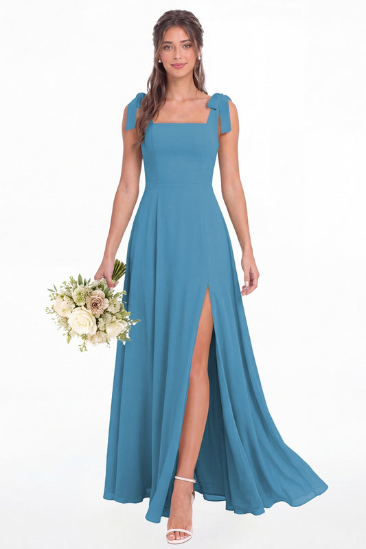 Ocean Blue Square Neck Chiffon Bow Strap Maxi Bridesmaid Dress - Front View