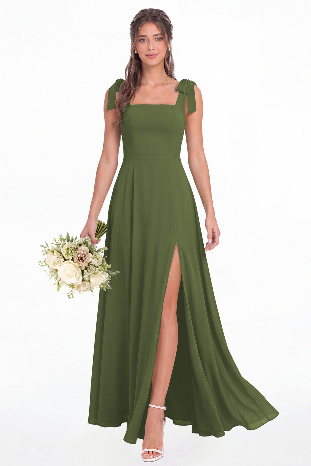 Olive Green Square Neck Chiffon Bow Strap Maxi Bridesmaid Dress - Front View