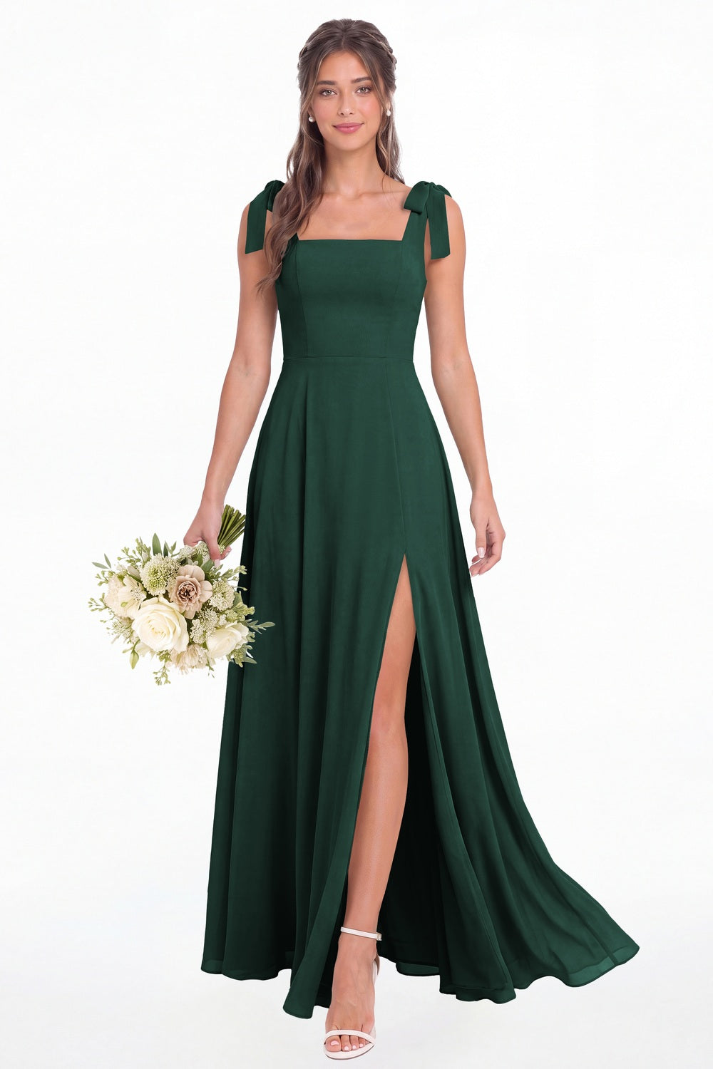 Peacock Square Neck Chiffon Bow Strap Maxi Bridesmaid Dress - Front View