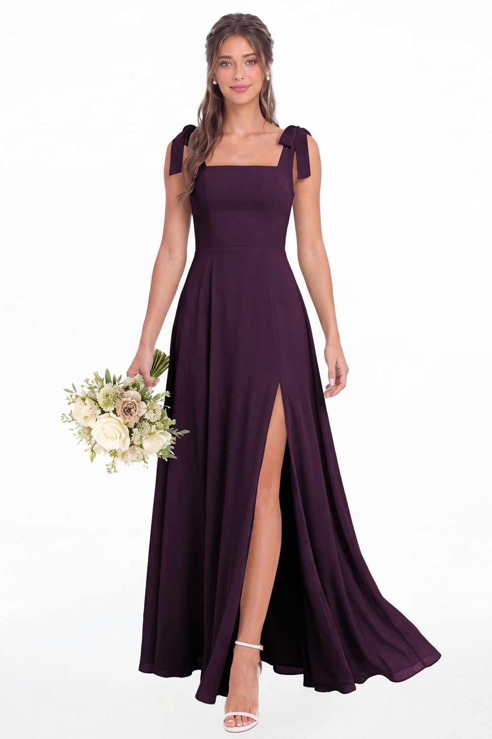 Plum Square Neck Chiffon Bow Strap Maxi Bridesmaid Dress - Front View