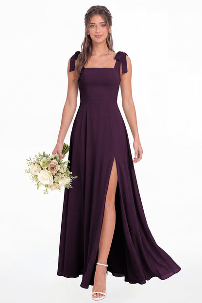Plum Square Neck Chiffon Bow Strap Maxi Bridesmaid Dress - Front View