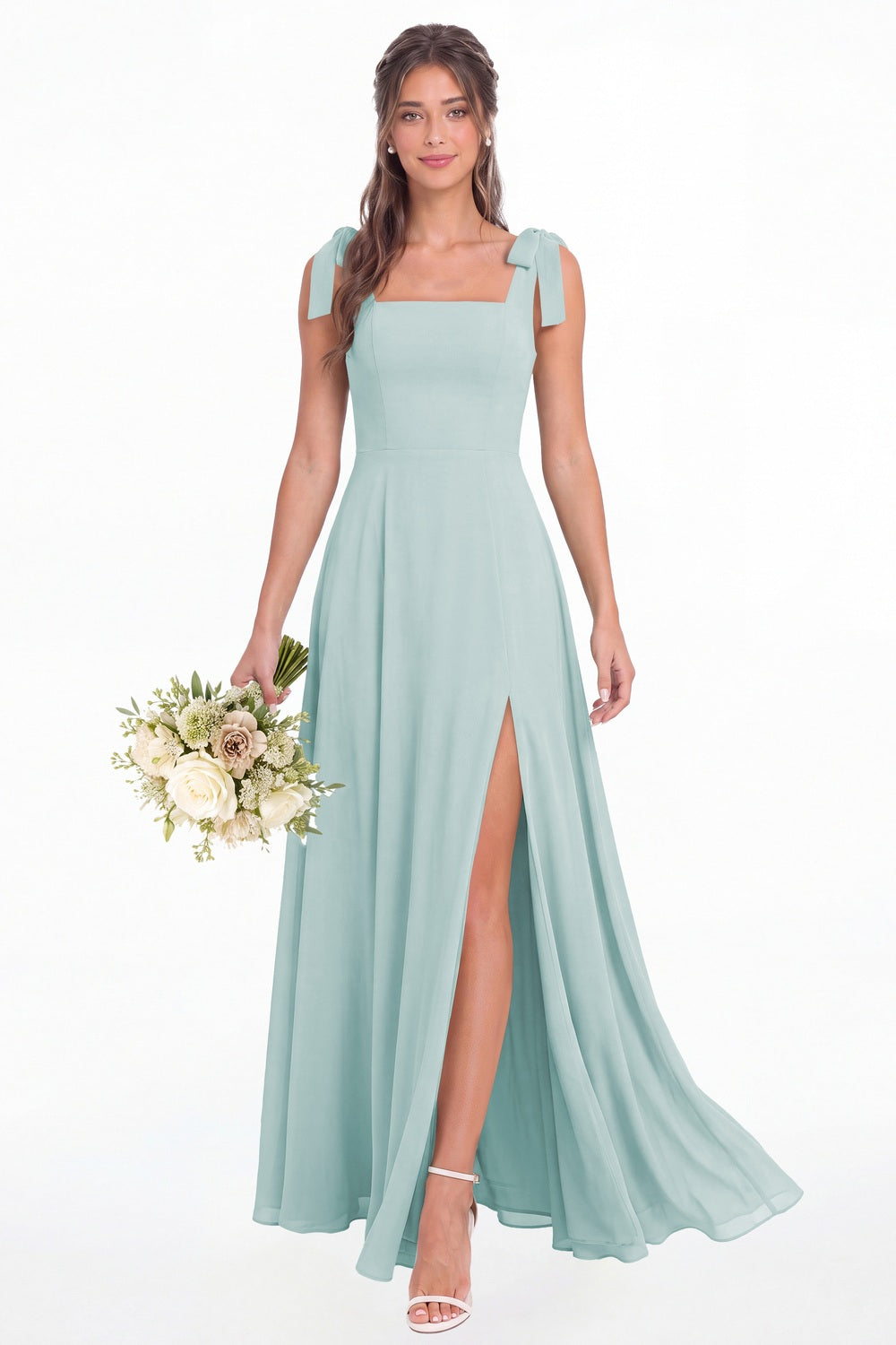 Powder Blue Square Neck Chiffon Bow Strap Maxi Bridesmaid Dress - Front View