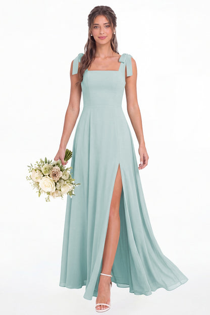 Powder Blue Square Neck Chiffon Bow Strap Maxi Bridesmaid Dress - Front View