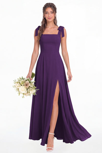 Purple Square Neck Chiffon Bow Strap Maxi Bridesmaid Dress - Front View