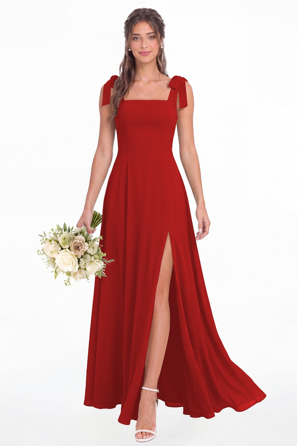 Red Square Neck Chiffon Bow Strap Maxi Bridesmaid Dress - Front View