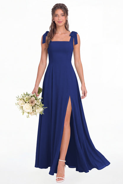 Royal Blue Square Neck Chiffon Bow Strap Maxi Bridesmaid Dress - Front View