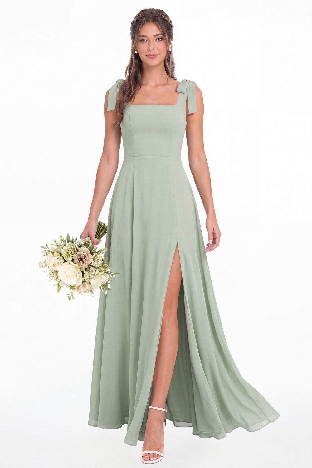 Sage Green Square Neck Chiffon Bow Strap Maxi Bridesmaid Dress - Front View