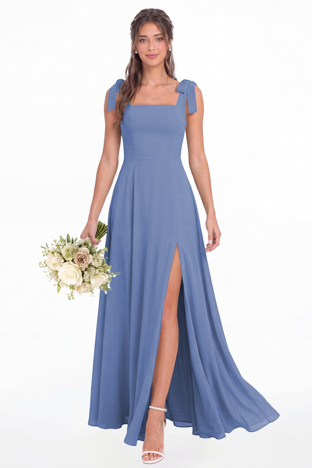Steel Blue Square Neck Chiffon Bow Strap Maxi Bridesmaid Dress - Front View