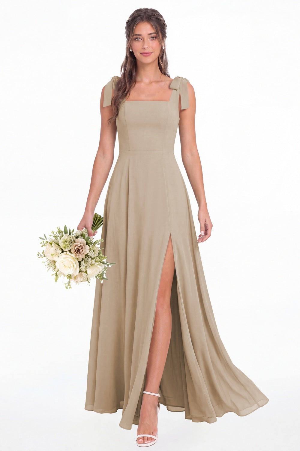 Taupe Square Neck Chiffon Bow Strap Maxi Bridesmaid Dress - Front View