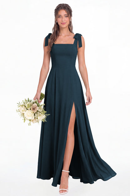 Teal Square Neck Chiffon Bow Strap Maxi Bridesmaid Dress - Front View