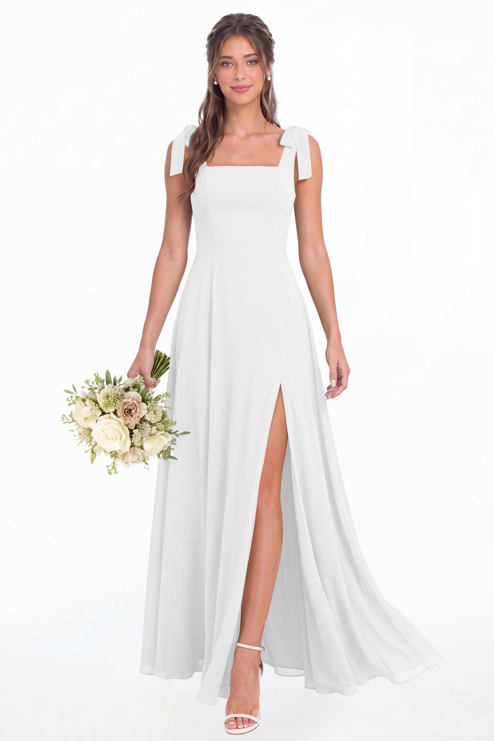White Square Neck Chiffon Bow Strap Maxi Bridesmaid Dress - Front View