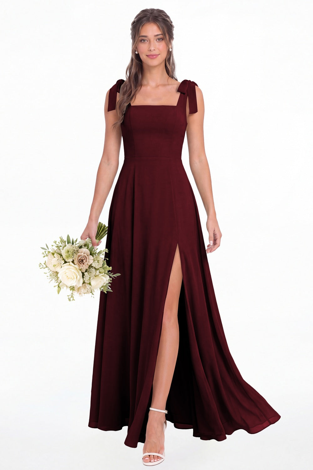 Wine Red Square Neck Chiffon Bow Strap Maxi Bridesmaid Dress - Front View