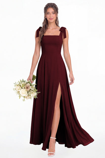 Wine Red Square Neck Chiffon Bow Strap Maxi Bridesmaid Dress - Front View