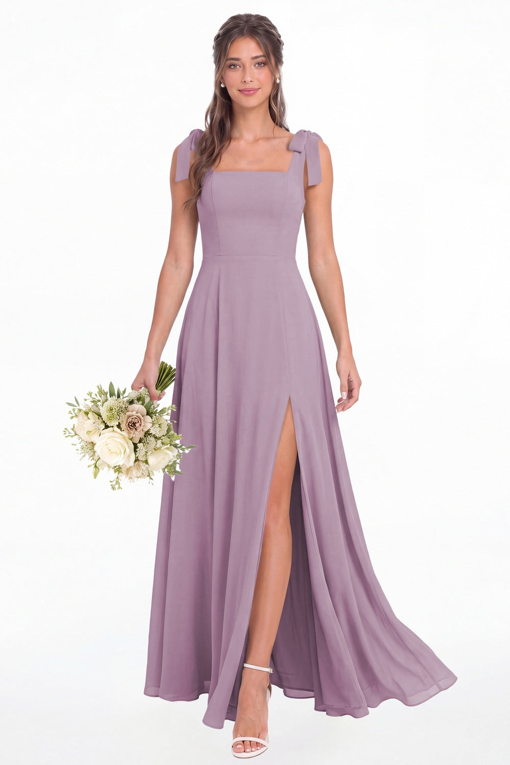 Wisteria Square Neck Chiffon Bow Strap Maxi Bridesmaid Dress - Front View
