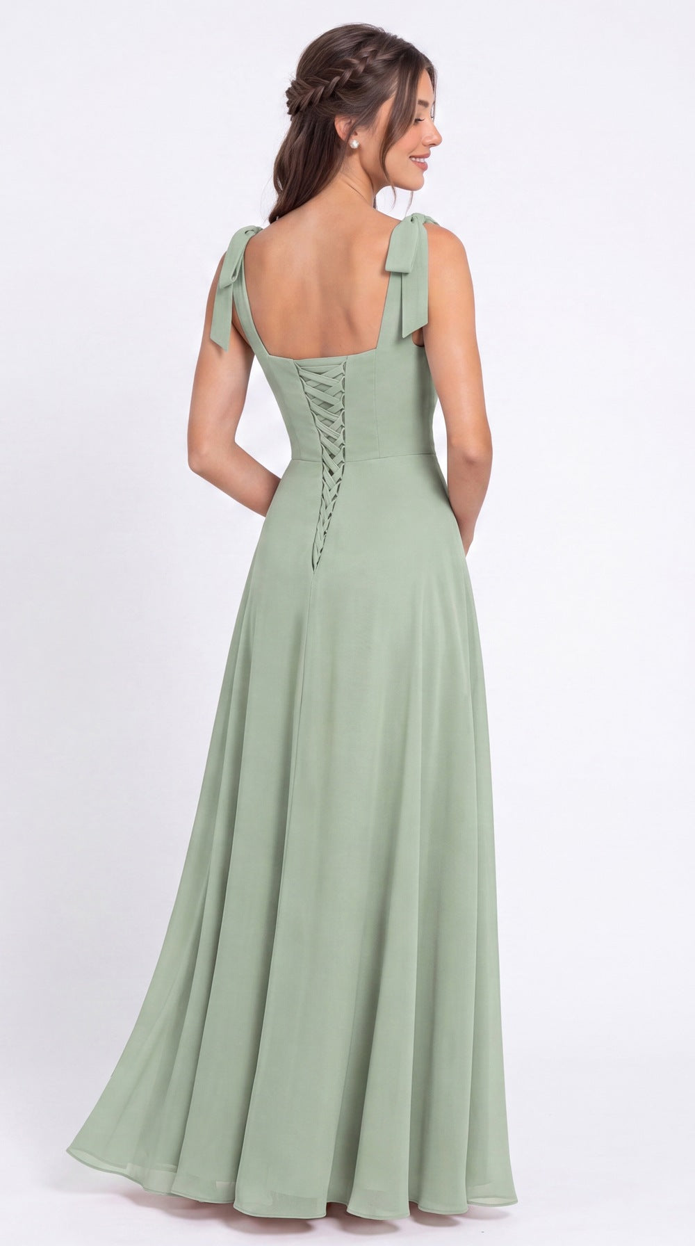 Square Neck Chiffon Bow Strap Maxi Bridesmaid Dress - Detail View 5