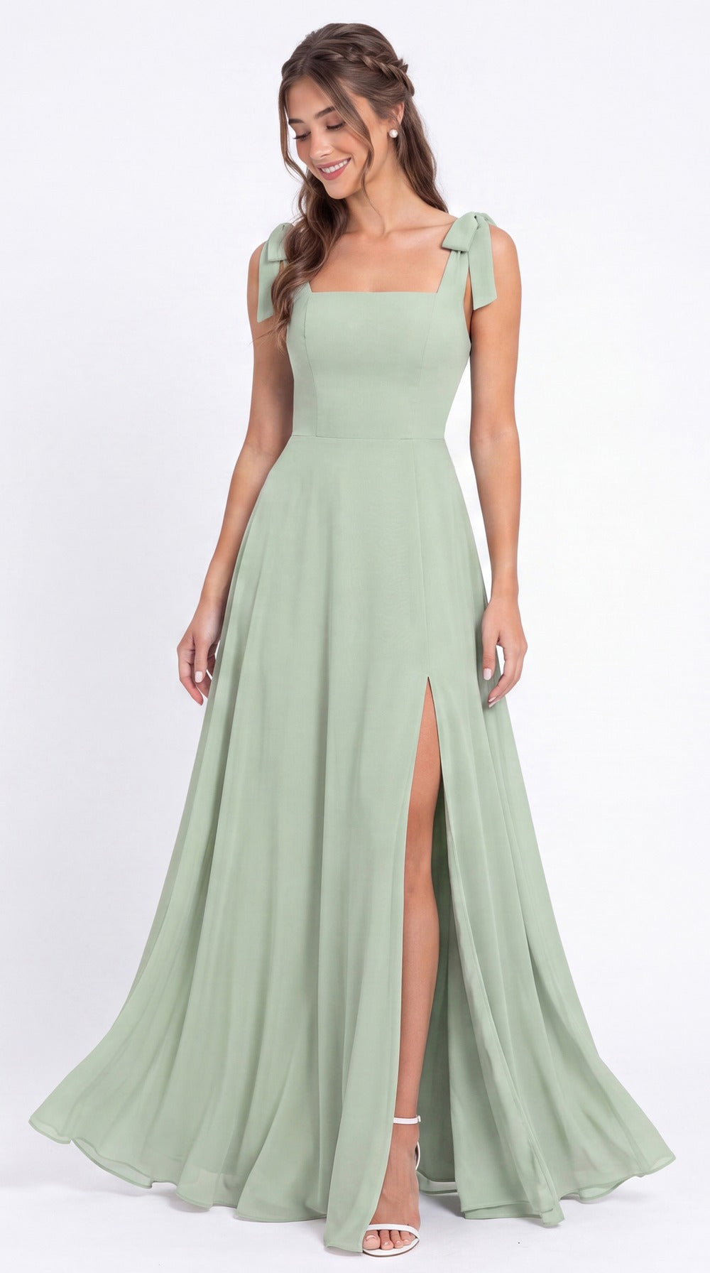 Square Neck Chiffon Bow Strap Maxi Bridesmaid Dress - Back View