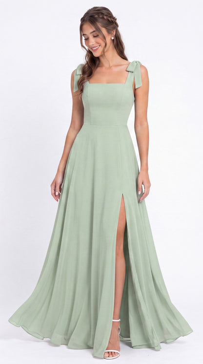 Square Neck Chiffon Bow Strap Maxi Bridesmaid Dress - Back View