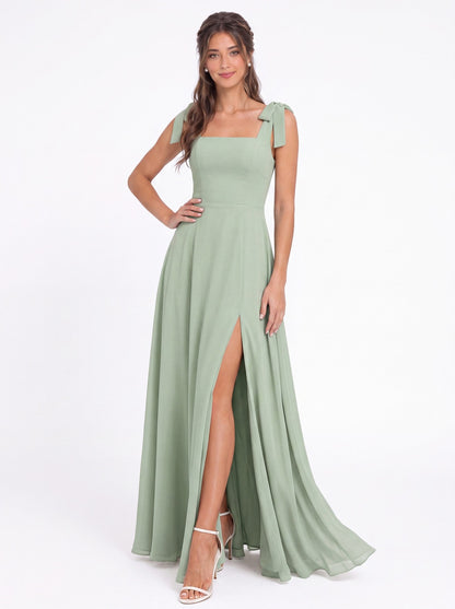 Square Neck Chiffon Bow Strap Maxi Bridesmaid Dress - Detail View 1
