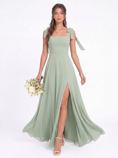 Square Neck Chiffon Bow Strap Maxi Bridesmaid Dress - Detail View 2