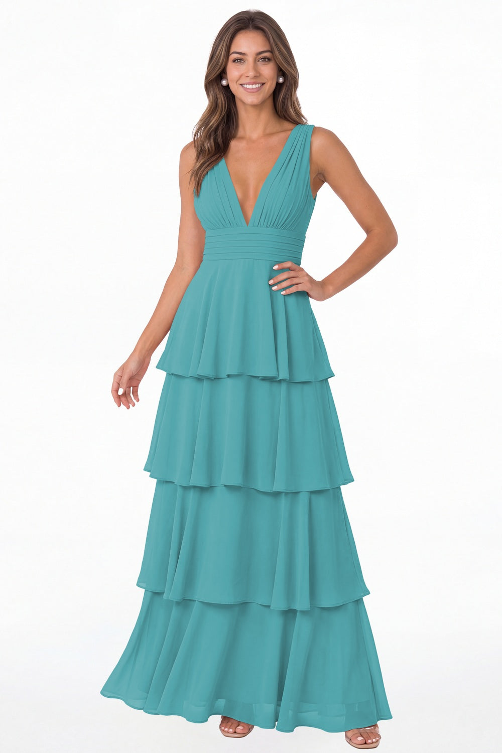 Aqua Blue V Neck Tiered Chiffon Maxi Bridesmaid Dress - Front View