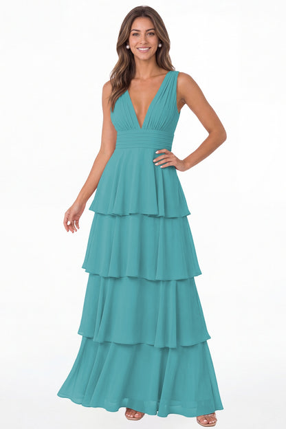 Aqua Blue V Neck Tiered Chiffon Maxi Bridesmaid Dress - Front View