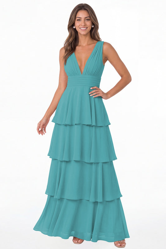 Aqua Blue V Neck Tiered Chiffon Maxi Bridesmaid Dress - Front View