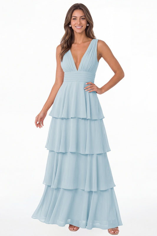 Baby Blue V Neck Tiered Chiffon Maxi Bridesmaid Dress - Front View