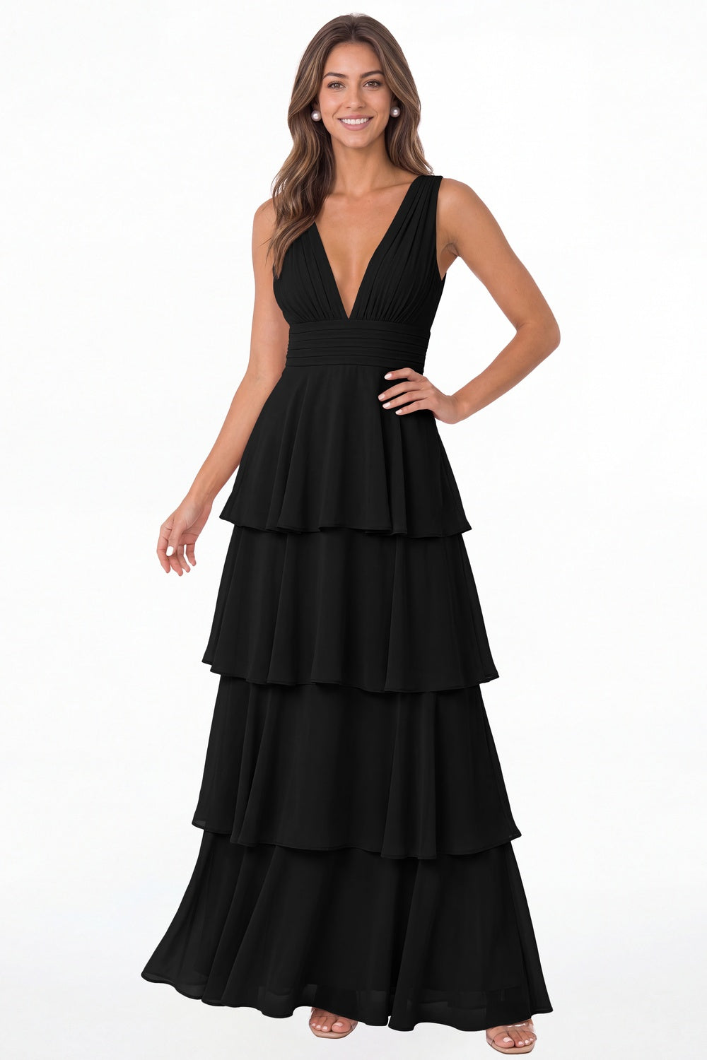 Black V Neck Tiered Chiffon Maxi Bridesmaid Dress - Front View