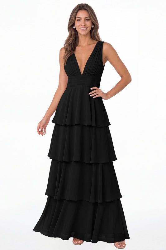 Black V Neck Tiered Chiffon Maxi Bridesmaid Dress - Front View