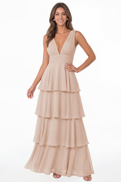 Blush Pink V Neck Tiered Chiffon Maxi Bridesmaid Dress - Front View