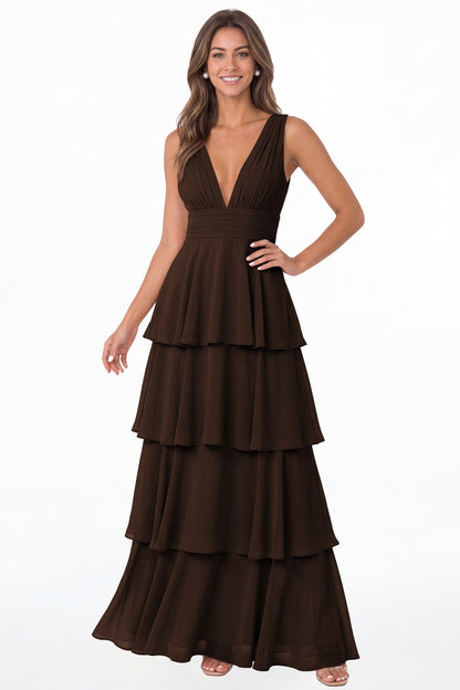 Brown V Neck Tiered Chiffon Maxi Bridesmaid Dress - Front View